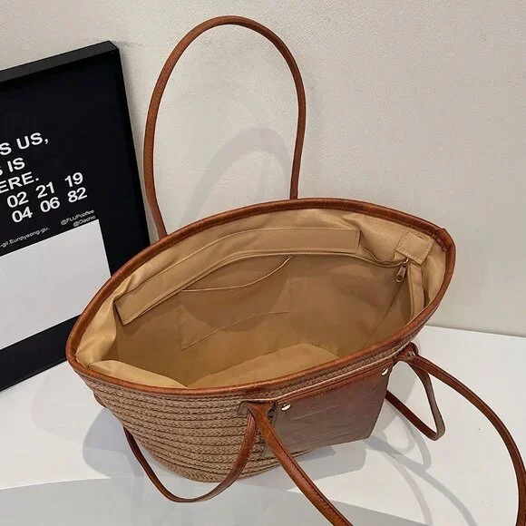 Khaki Casual Women's Woven Tote Large Capacity Beach Bag - Picture 5 of 5